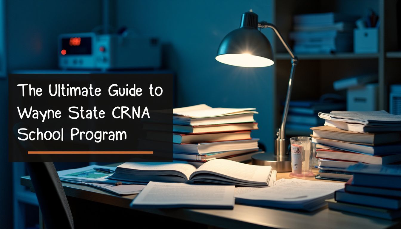 A cluttered desk with medical textbooks and journals for Wayne State University CRNA program.