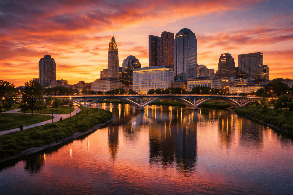downtown columbus ohio at sunset