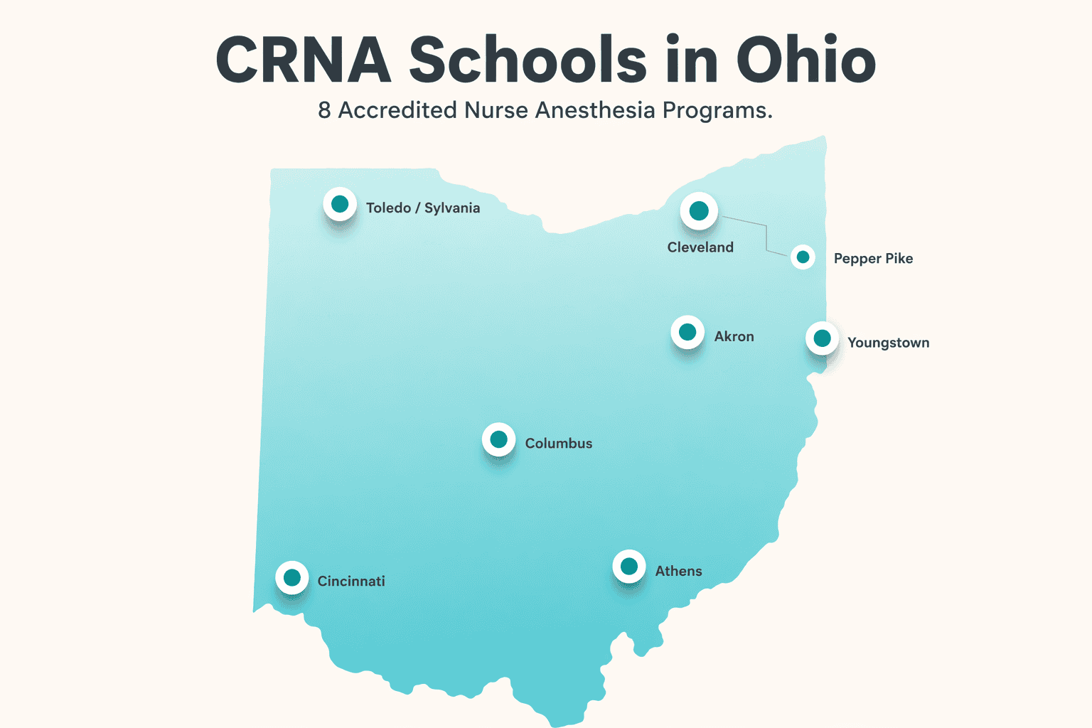 Map of Ohio CRNA schools with 8 currently enrolling nurse anesthesia programs including Ohio State, Cleveland Clinic, University of Akron, University of Cincinnati, Ohio University, Ursuline, Lourdes, and Youngstown State