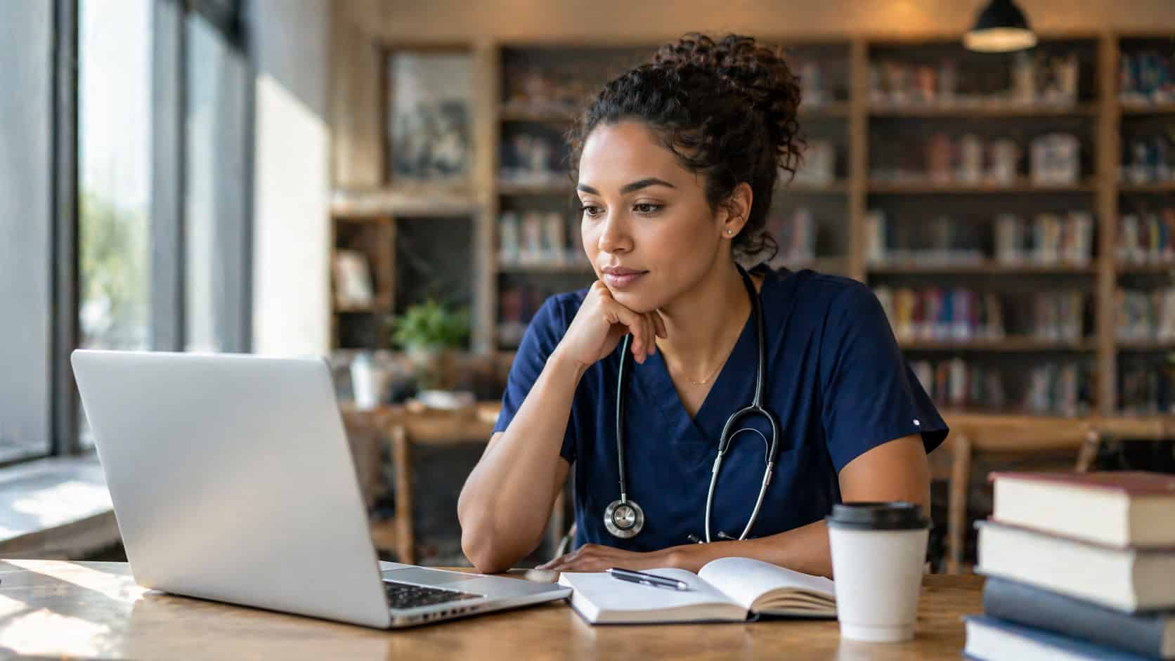 CRNA student with laptop and stethoscope transitioning between nurse anesthesia programs