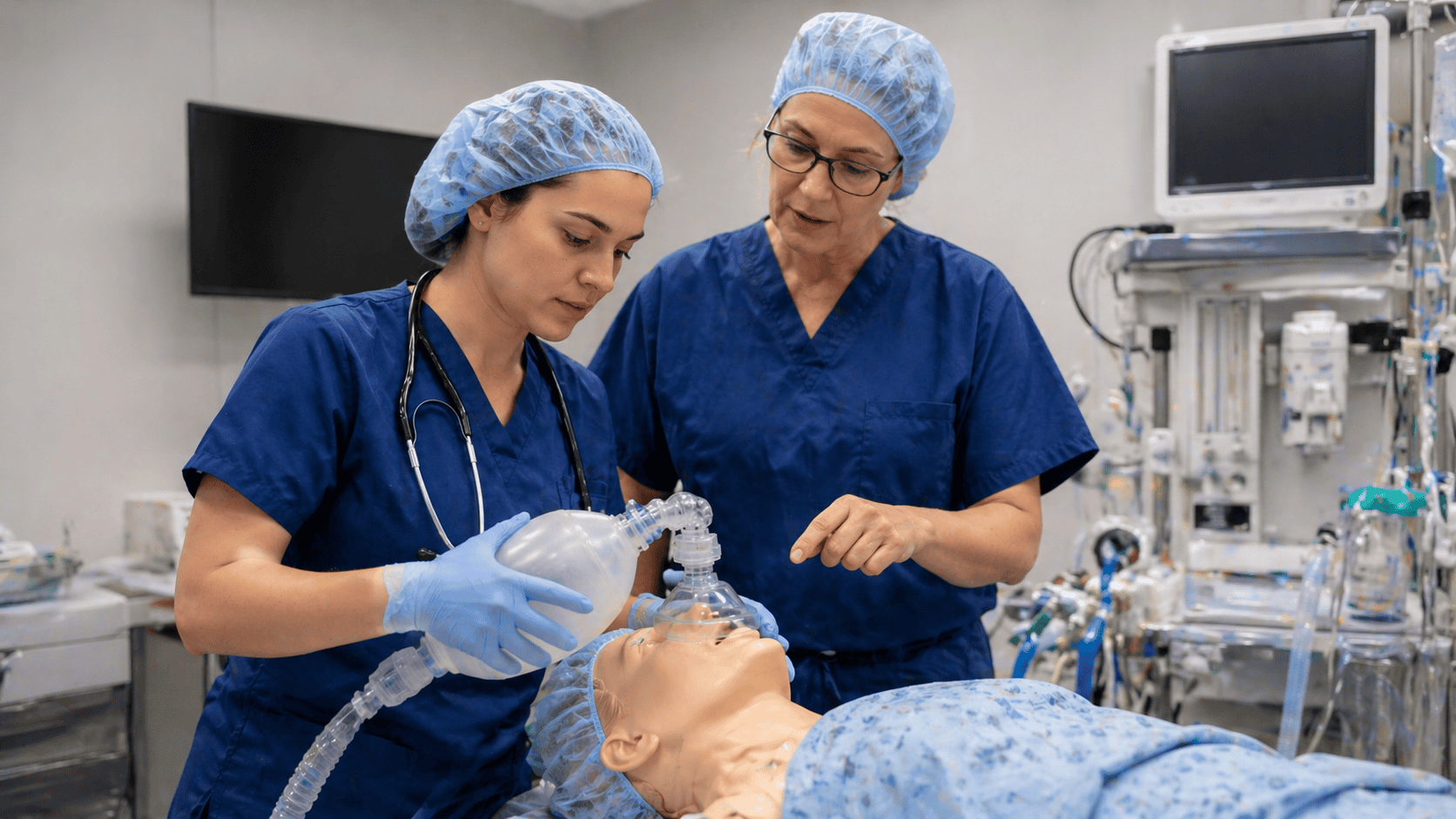 CRNA students practicing airway and anesthesia skills in the simulation lab at the Ohio University Dublin campus