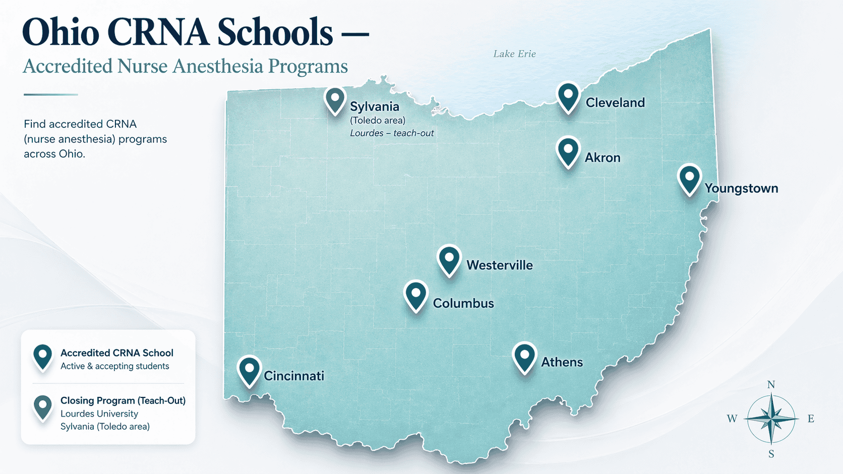 Map of Ohio showing remaining accredited CRNA schools and nurse anesthesia programs