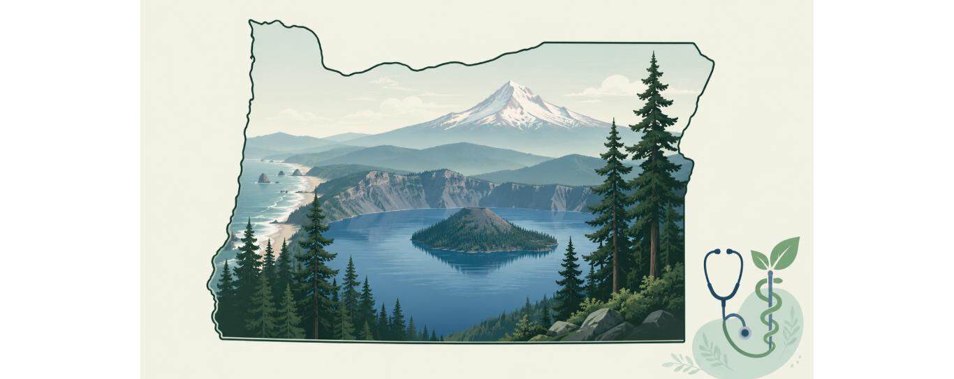 Stylized Oregon state outline with Crater Lake, Mount Hood, and Douglas firs