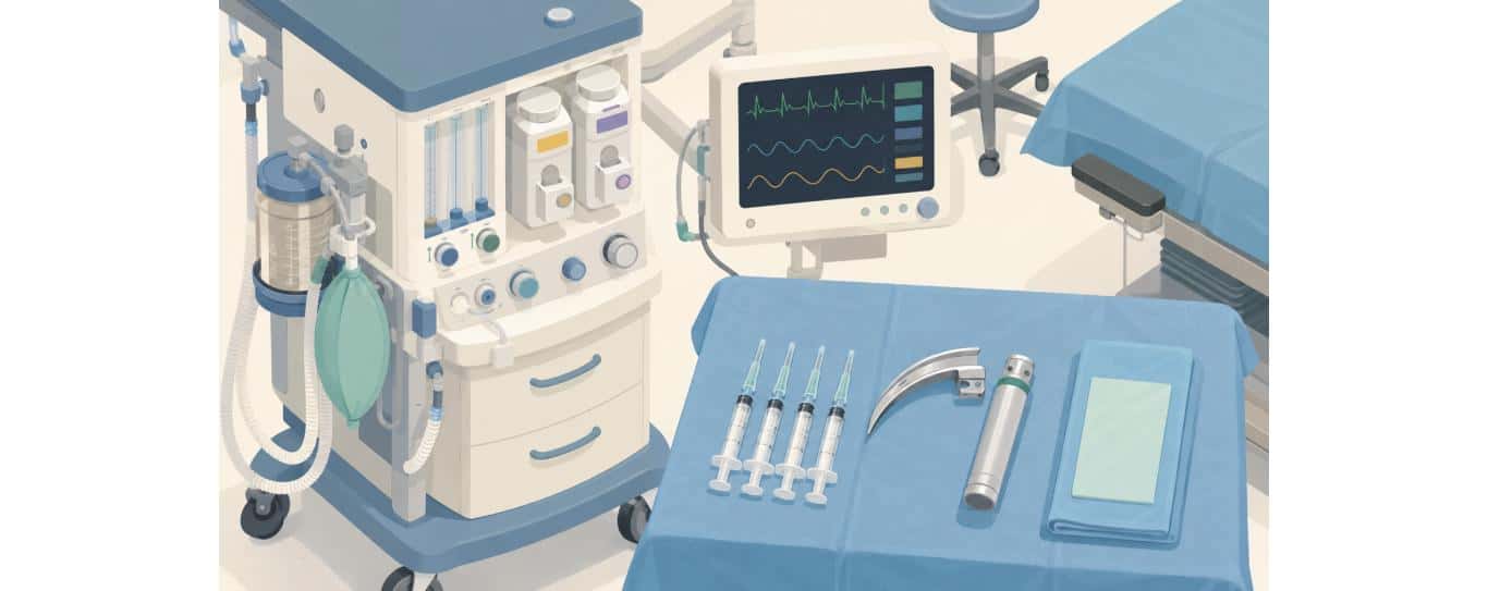 Illustration of an anesthesia workstation with monitor, syringes, and laryngoscope on a sterile drape