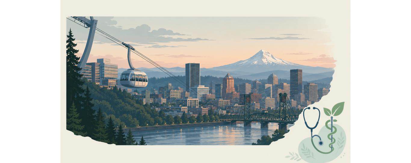 Stylized Portland skyline at dusk with the OHSU aerial tram, Mount Hood, and the Willamette River