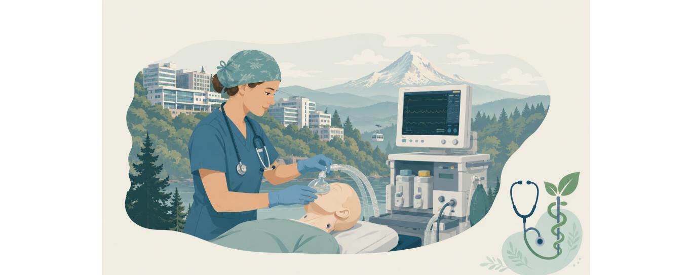 CRNA student practicing airway management on a high-fidelity simulation manikin at OHSU School of Nursing