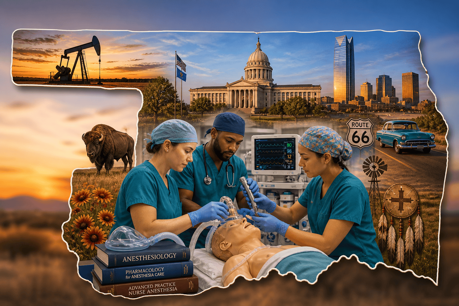 Illustrated overview of CRNA schools in Oklahoma showing the state outline filled with nurse anesthesia students, the Oklahoma State Capitol, OKC skyline, Route 66, prairie, and anesthesiology textbooks