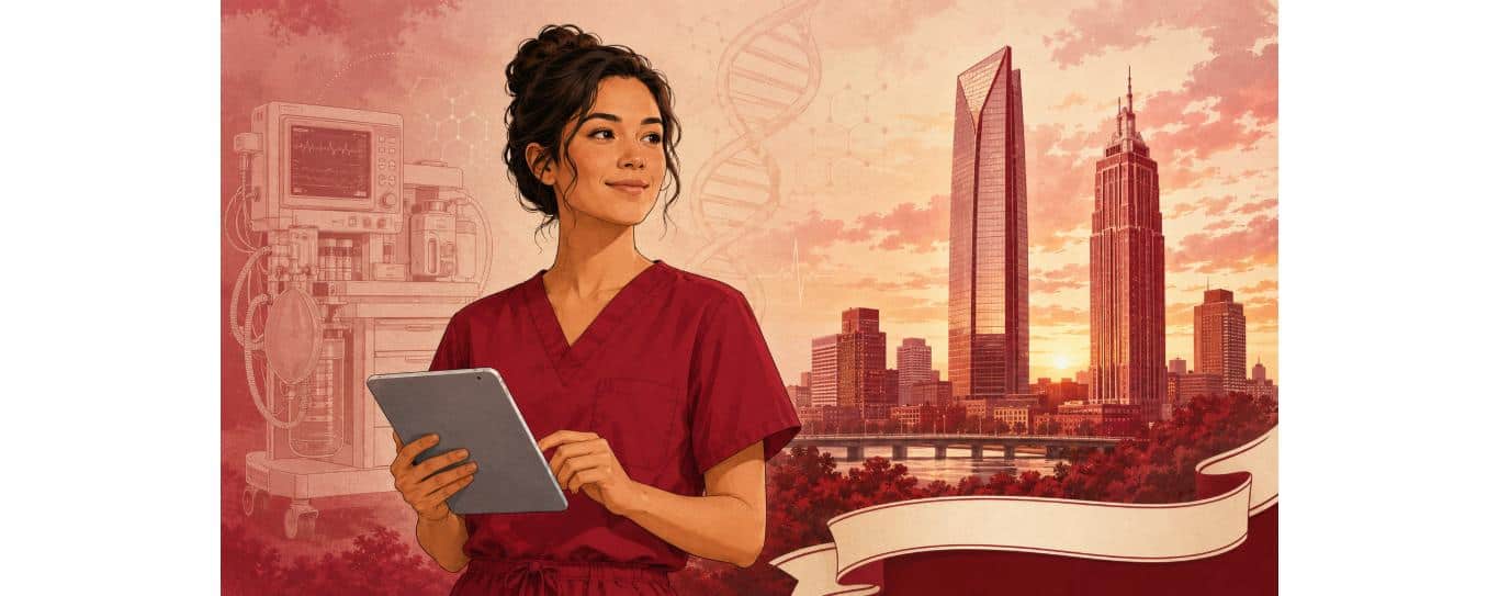 Illustrated banner for the OUHSC Nurse Anesthesia program: a nurse anesthesia student in crimson scrubs holding a tablet beside the Oklahoma City skyline at sunset, with an anesthesia machine and DNA helix in the background and a Coming Soon ribbon