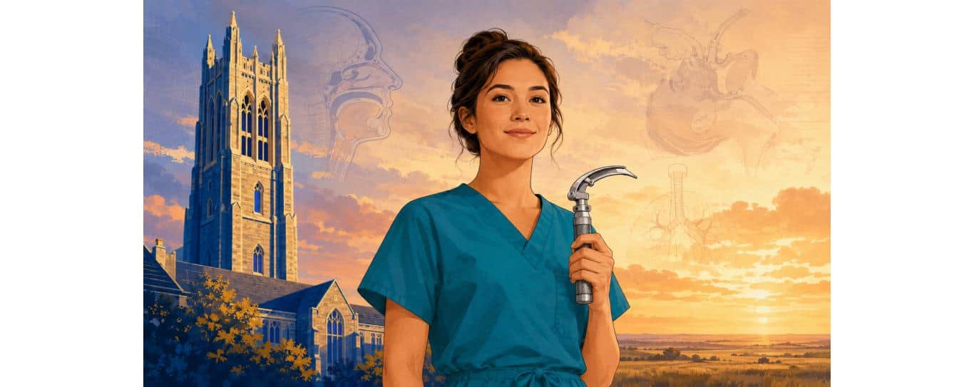 Illustrated banner of the University of Tulsa CRNA School: McFarlin Library Gothic tower in navy and gold beside a nurse anesthesia student in teal scrubs holding a laryngoscope, with anatomy diagrams and an Oklahoma sunset prairie