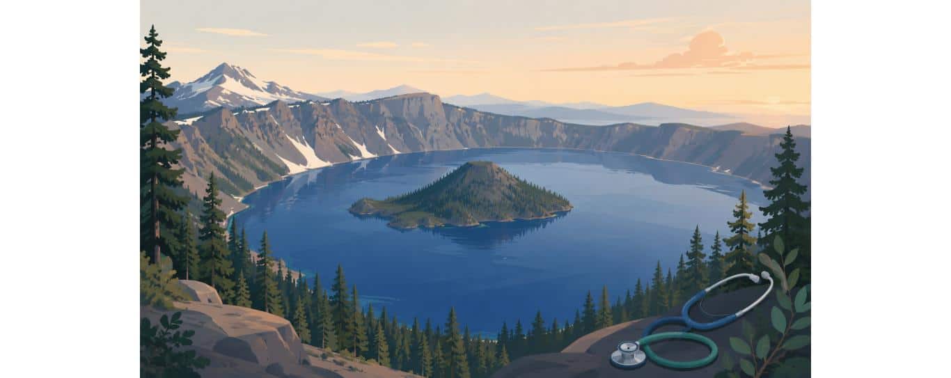 Illustration of Crater Lake National Park in Oregon at golden hour with Wizard Island and snow-capped peaks