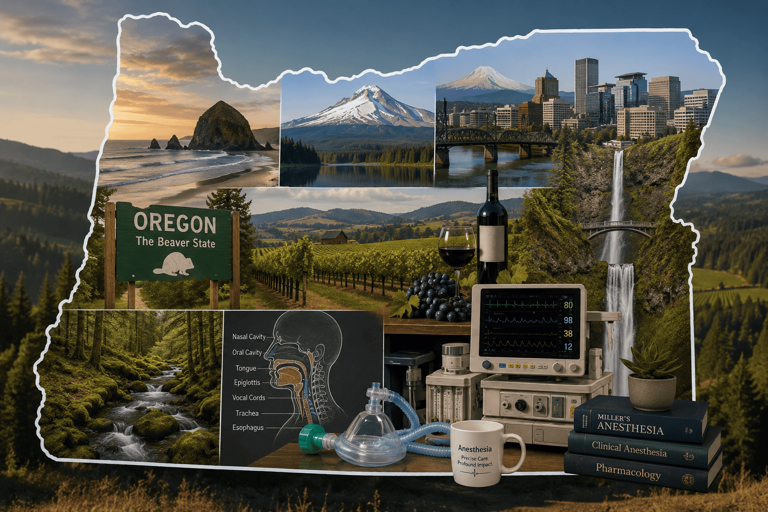 Outline of Oregon highlighting George Fox University's CRNA program location in Newberg in the Willamette Valley