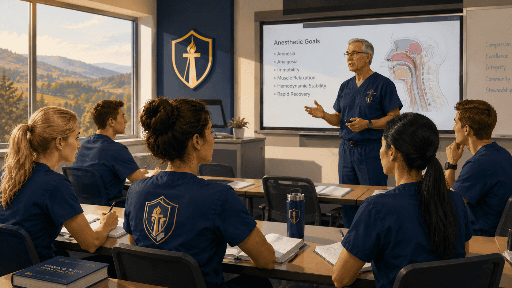 Nurse anesthesia students training in a George Fox University CRNA simulation lab with anesthesia equipment and a patient simulator