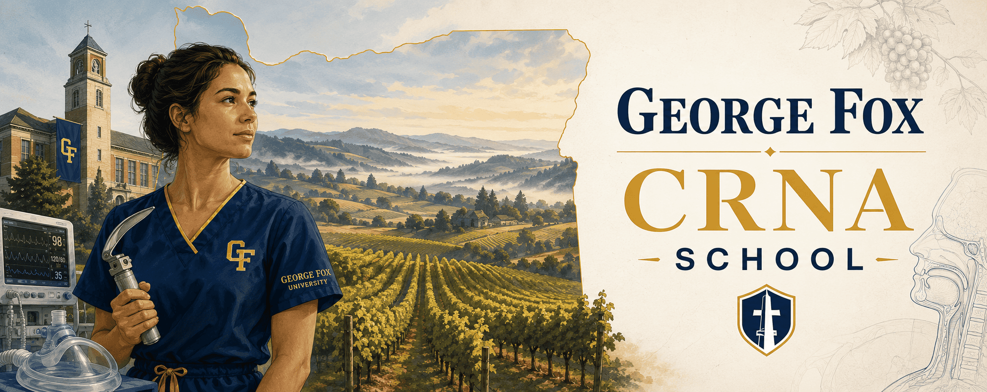 Illustrated banner of George Fox University CRNA School: a nurse anesthesia student in navy and gold scrubs holding a laryngoscope, with the university bell tower, Oregon's Willamette Valley vineyards, and the state outline