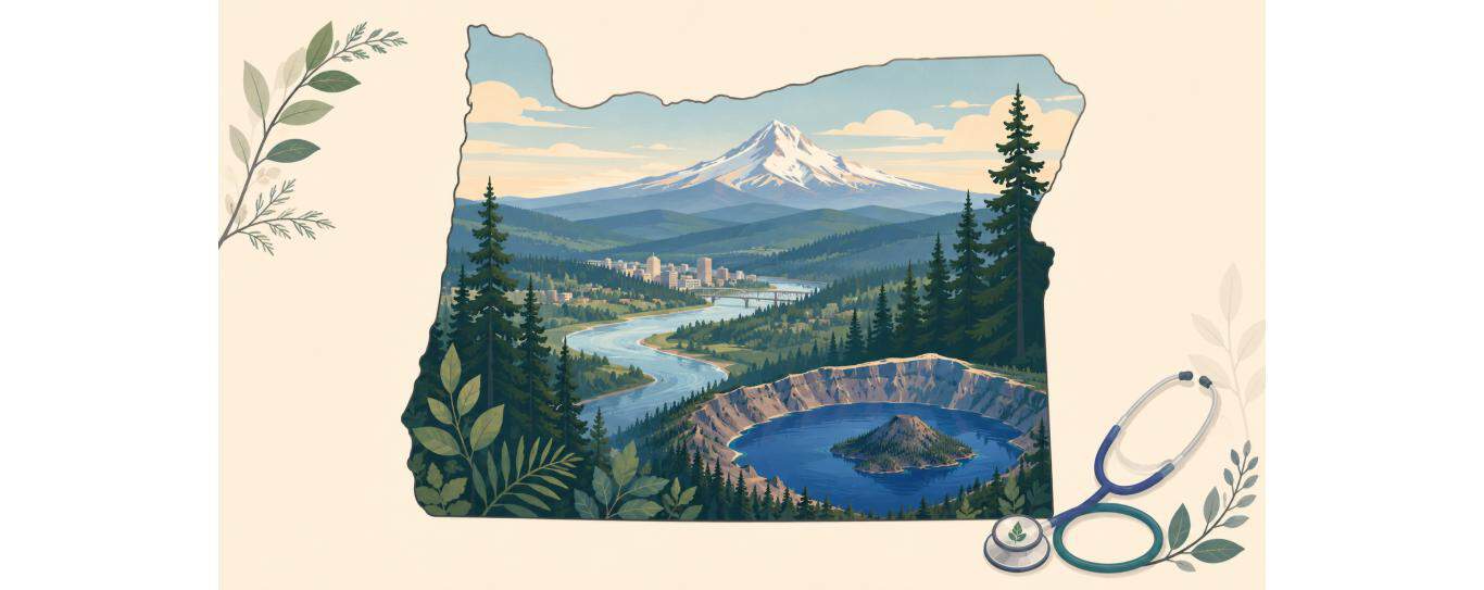 Illustration of the state of Oregon with Mt. Hood, Crater Lake, evergreens, and a stethoscope motif representing CRNA education