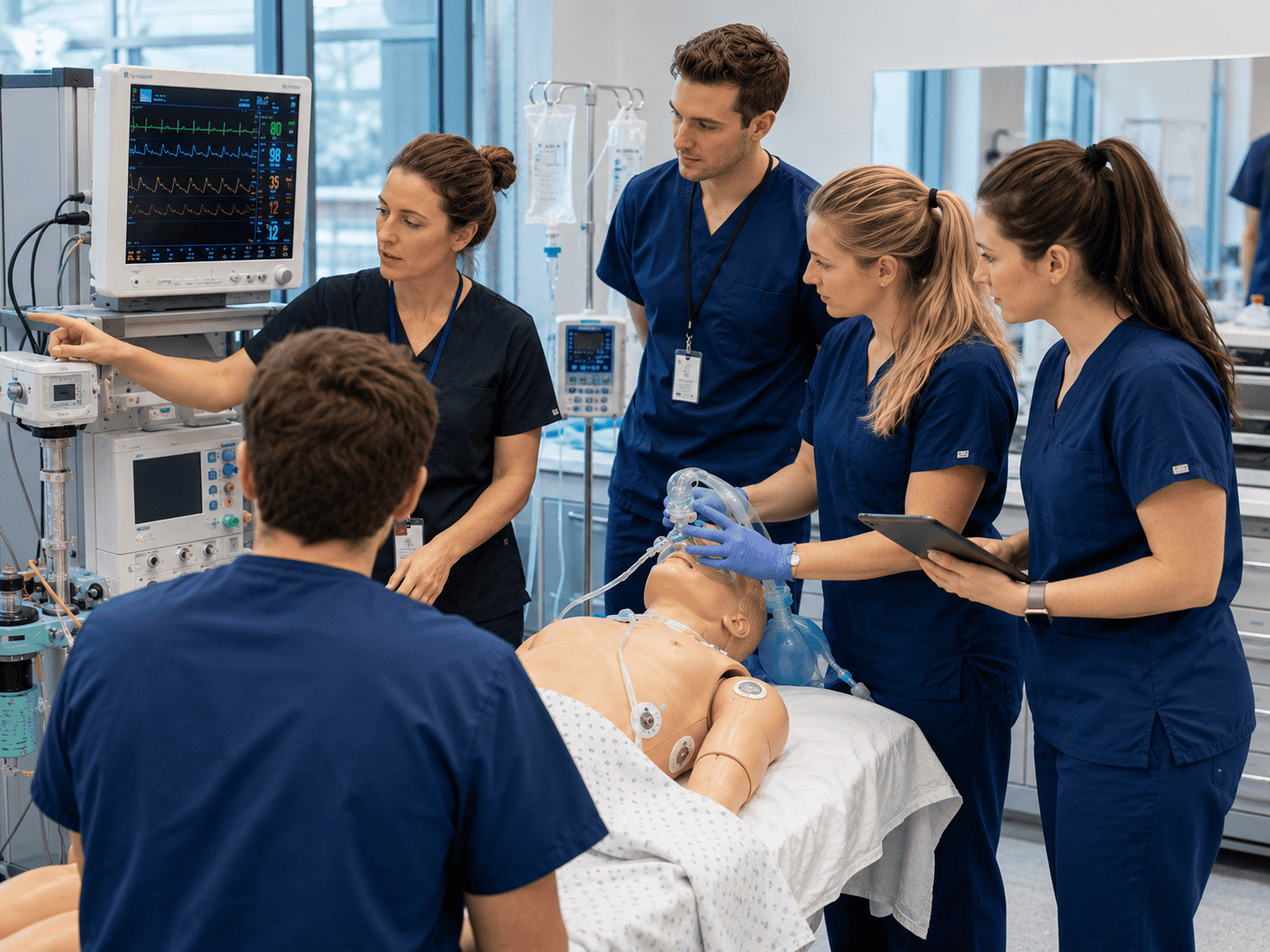 Nurse anesthesia students practicing in a high-fidelity simulation lab with an instructor