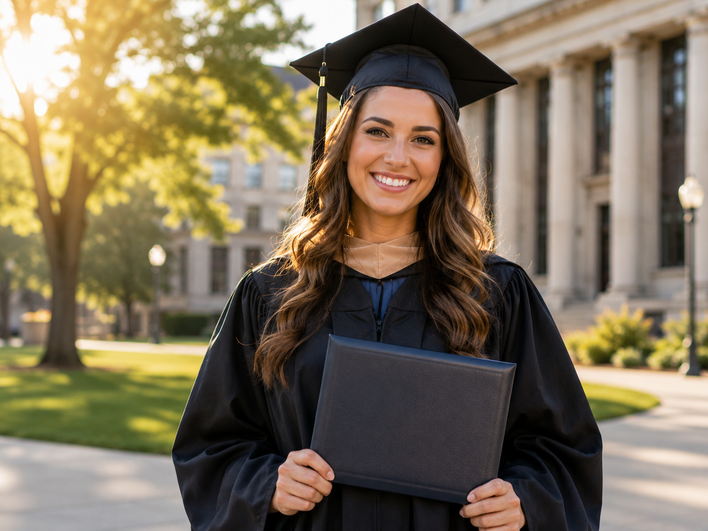 Nurse anesthesia graduate in cap and gown holding a diploma at commencement