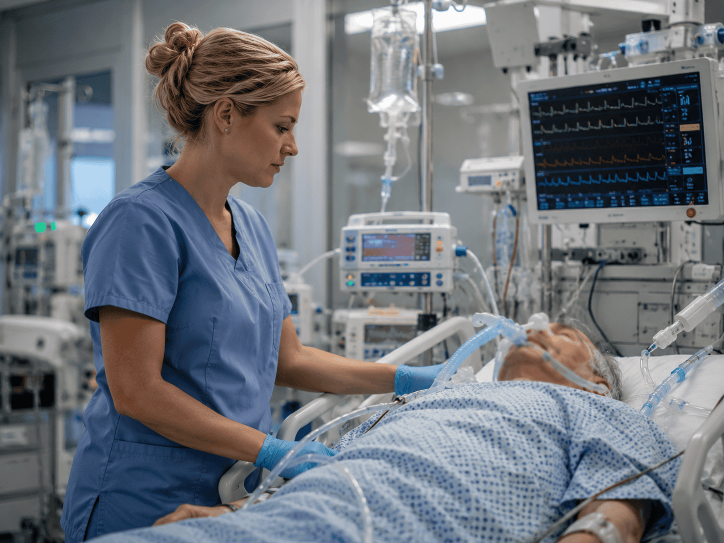 ICU nurse monitoring a critically ill patient's vital signs at the bedside