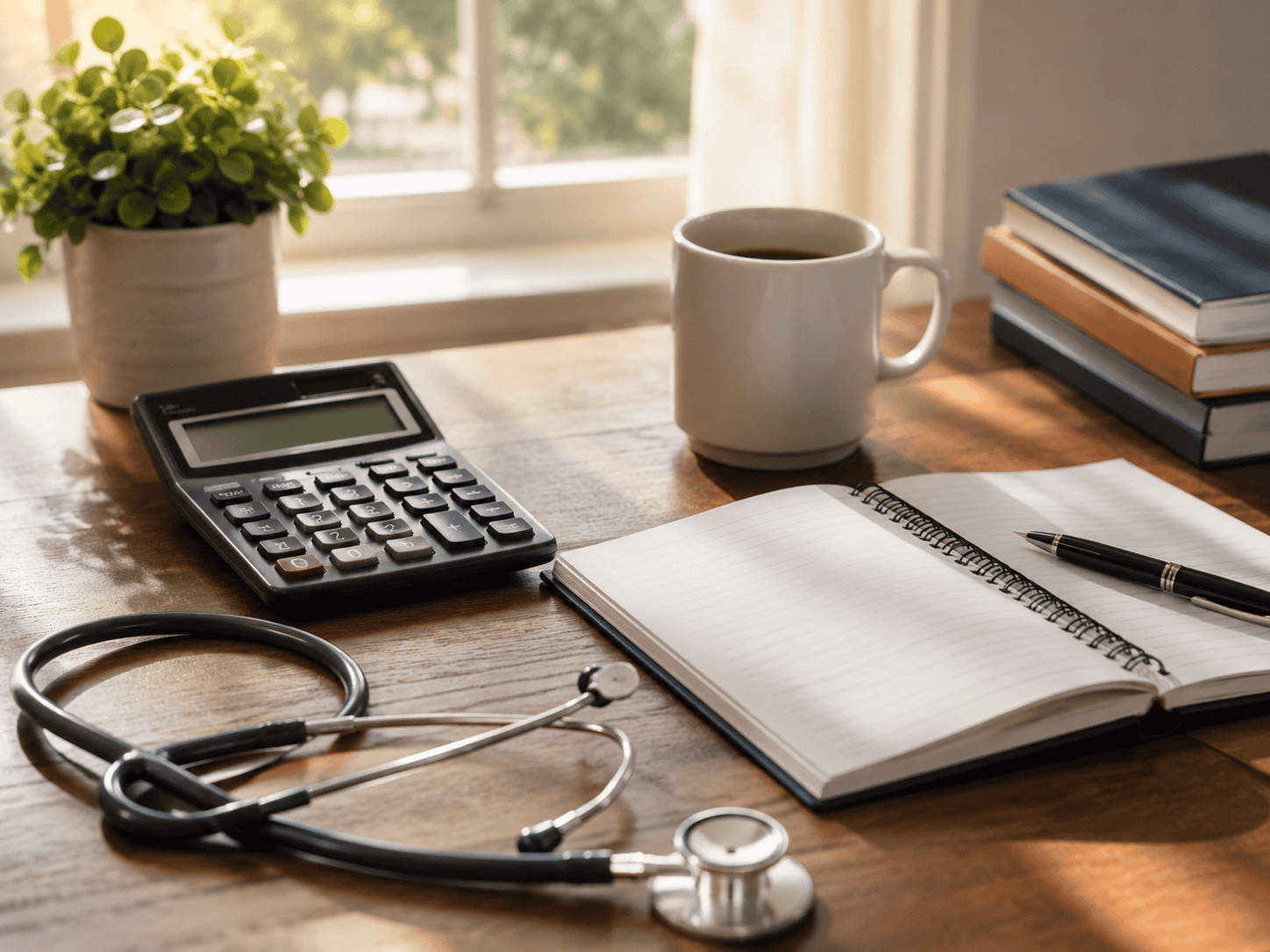 Desk with calculator, stethoscope and notebook representing CRNA tuition planning