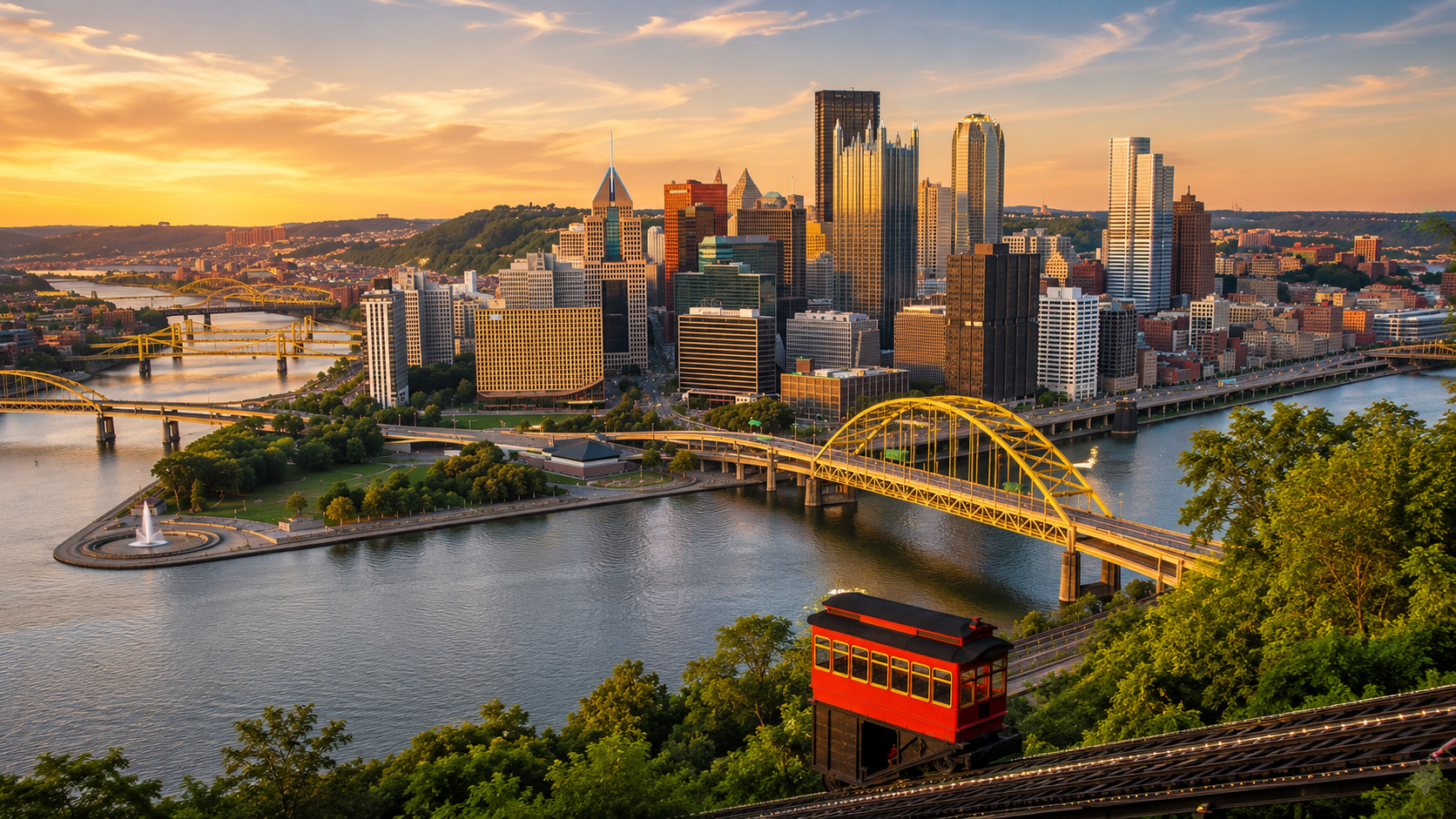 Pittsburgh skyline at golden hour, reflecting a strong CRNA job market in Pennsylvania
