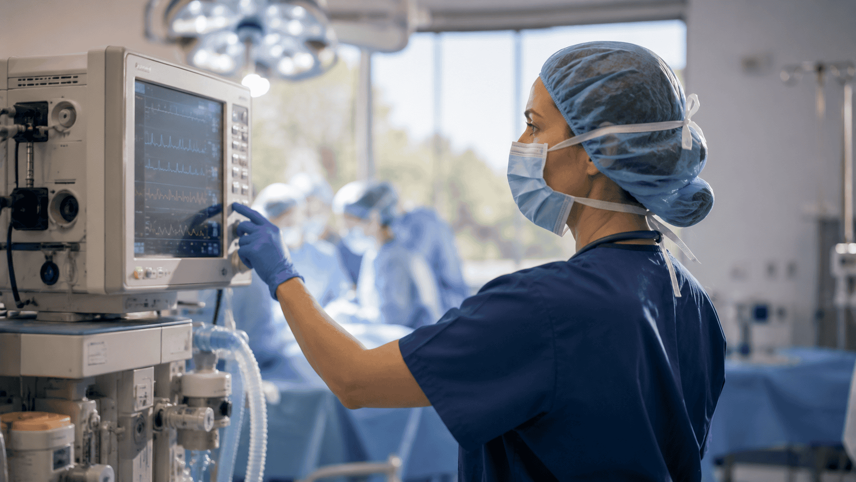 Nurse anesthetist adjusting an anesthesia vital-signs monitor in a modern operating room