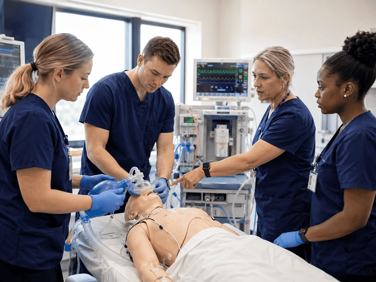 Nurse anesthesia students practicing airway management on a simulation manikin with an instructor