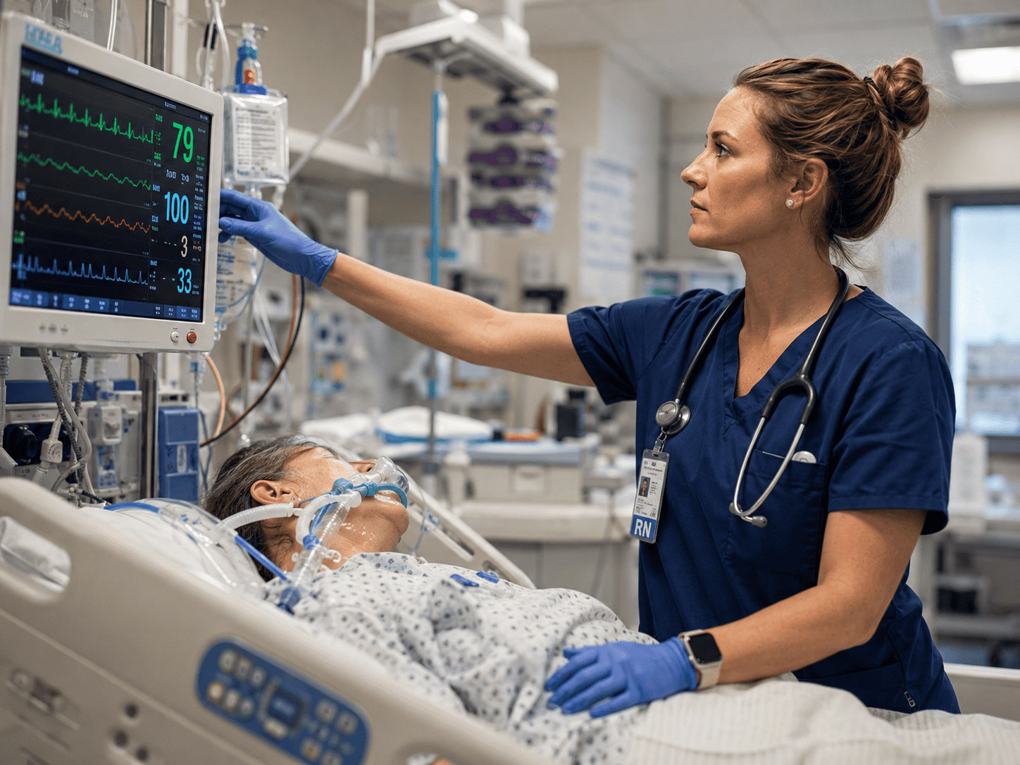 ICU nurse checking a bedside monitor while caring for a ventilated patient