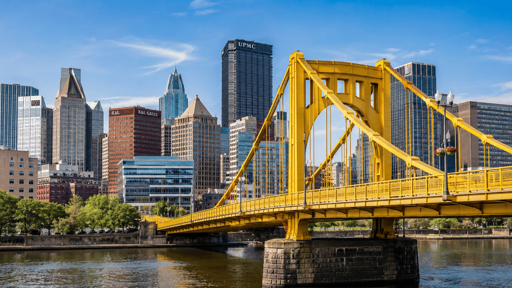 Downtown Pittsburgh skyline with the Roberto Clemente Bridge and UPMC tower