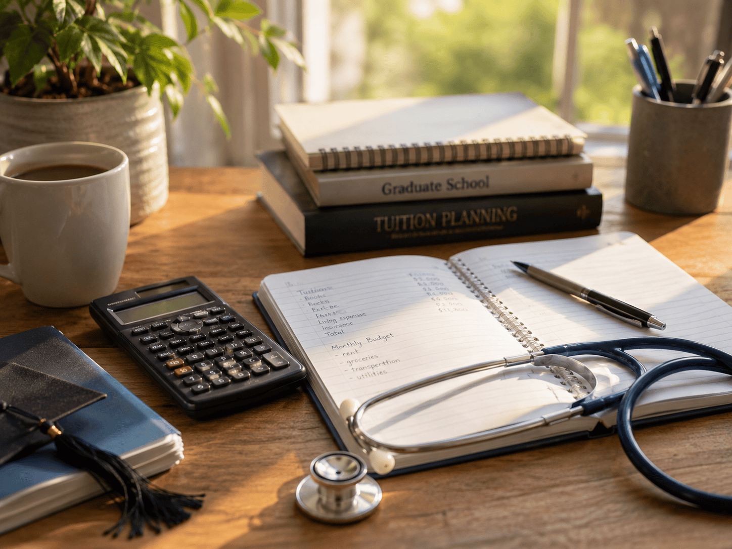 Desk with calculator, notebook, and tuition planning books for budgeting CRNA school costs