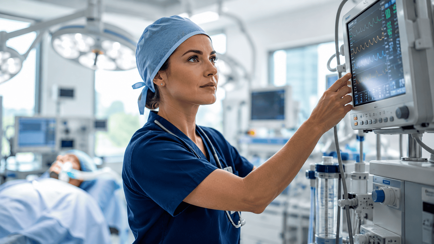 Nurse anesthetist adjusting an anesthesia monitor in the operating room
