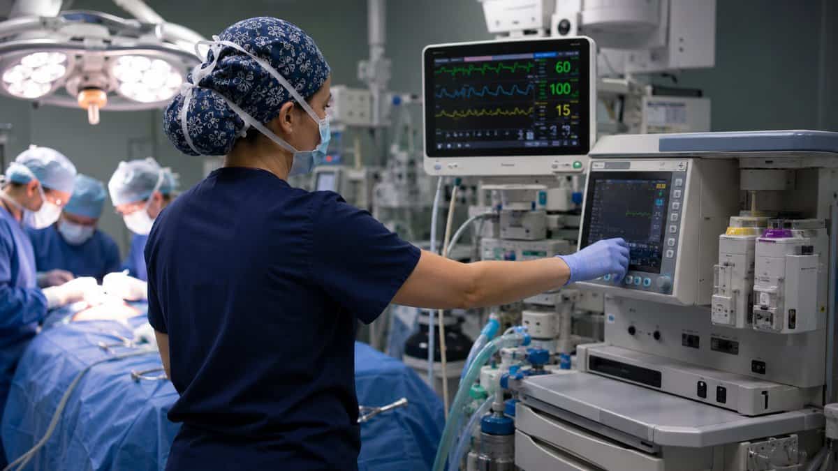 Nurse anesthetist adjusting an anesthesia machine at the head of an operating room table