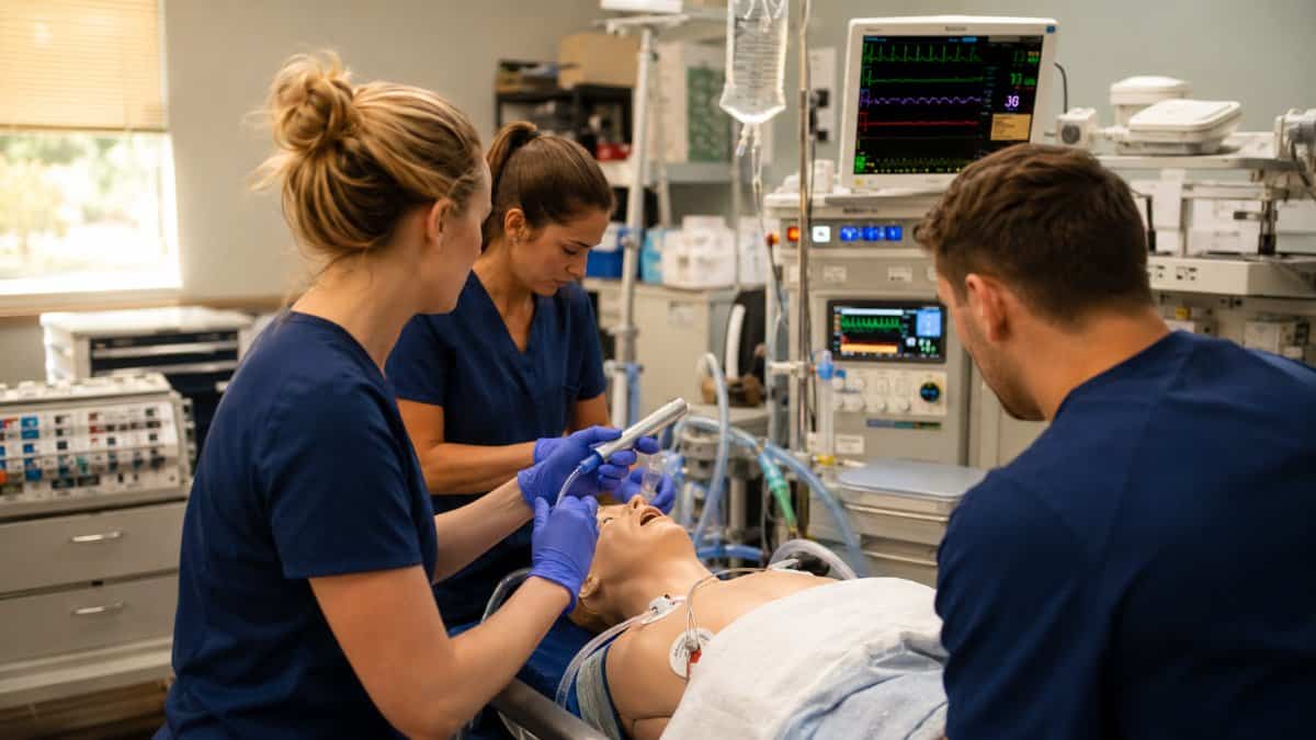 Nurse anesthesia students practicing airway management on a simulation manikin