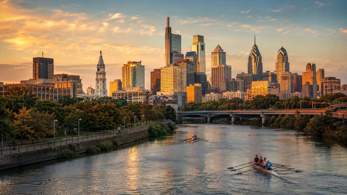 Philadelphia skyline at golden hour from the Schuylkill River near University City