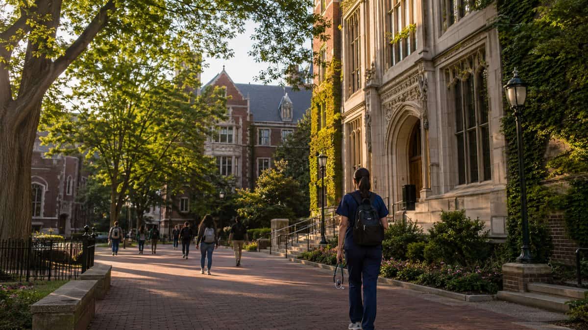 Ivy-covered university campus in Philadelphia with a nursing student in scrubs walking toward the medical school
