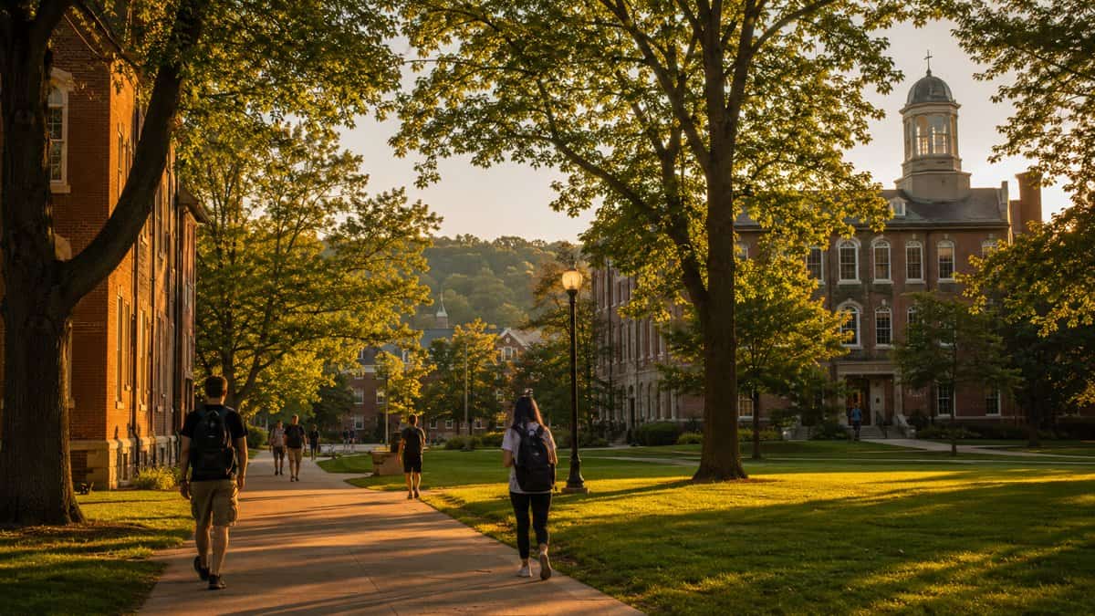 Students walking across a tree-lined college campus at golden hour in Allentown, Pennsylvania, representing Cedar Crest College