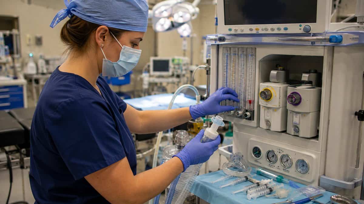 Nurse anesthesia student in scrubs checking the flowmeters and vaporizers on an anesthesia machine in an operating room