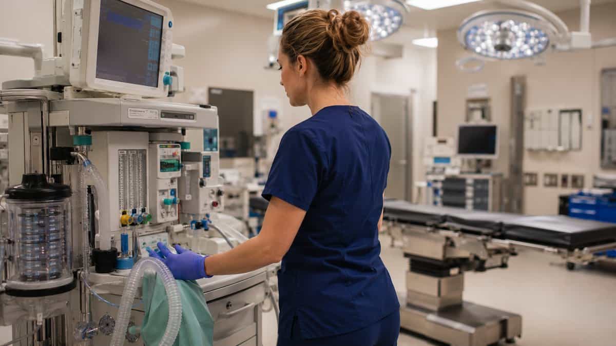 Nurse anesthesia student performing the morning anesthesia machine check in an operating room