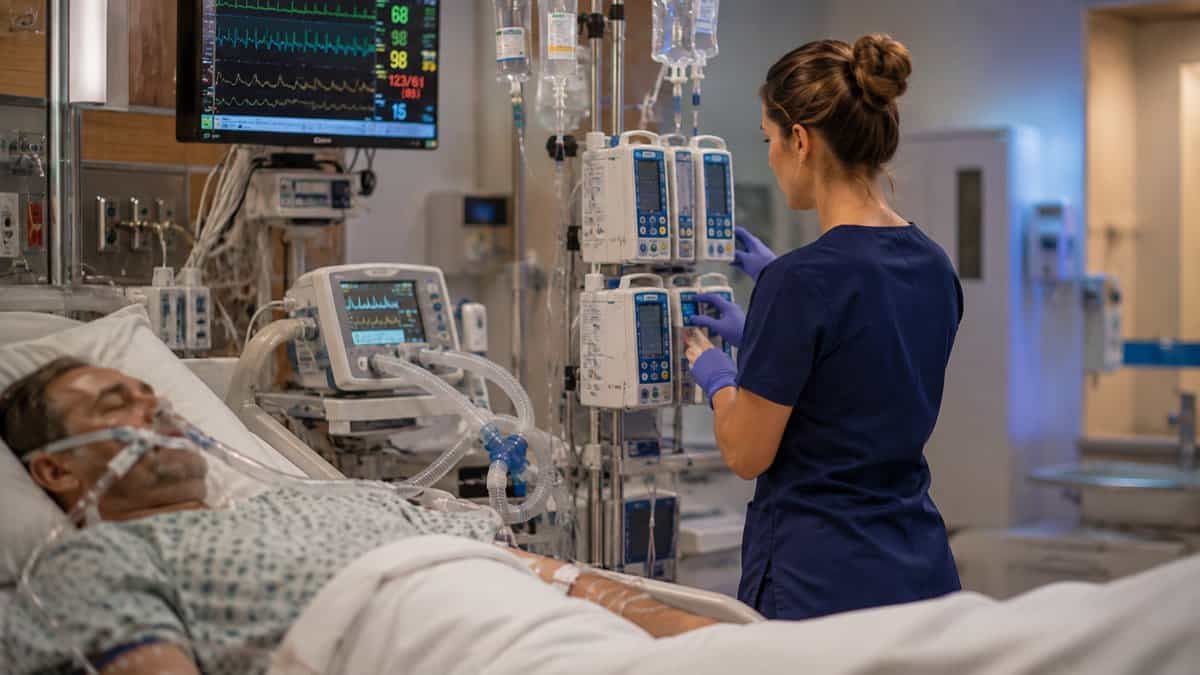 ICU nurse managing infusion pumps at the bedside of a ventilated adult patient