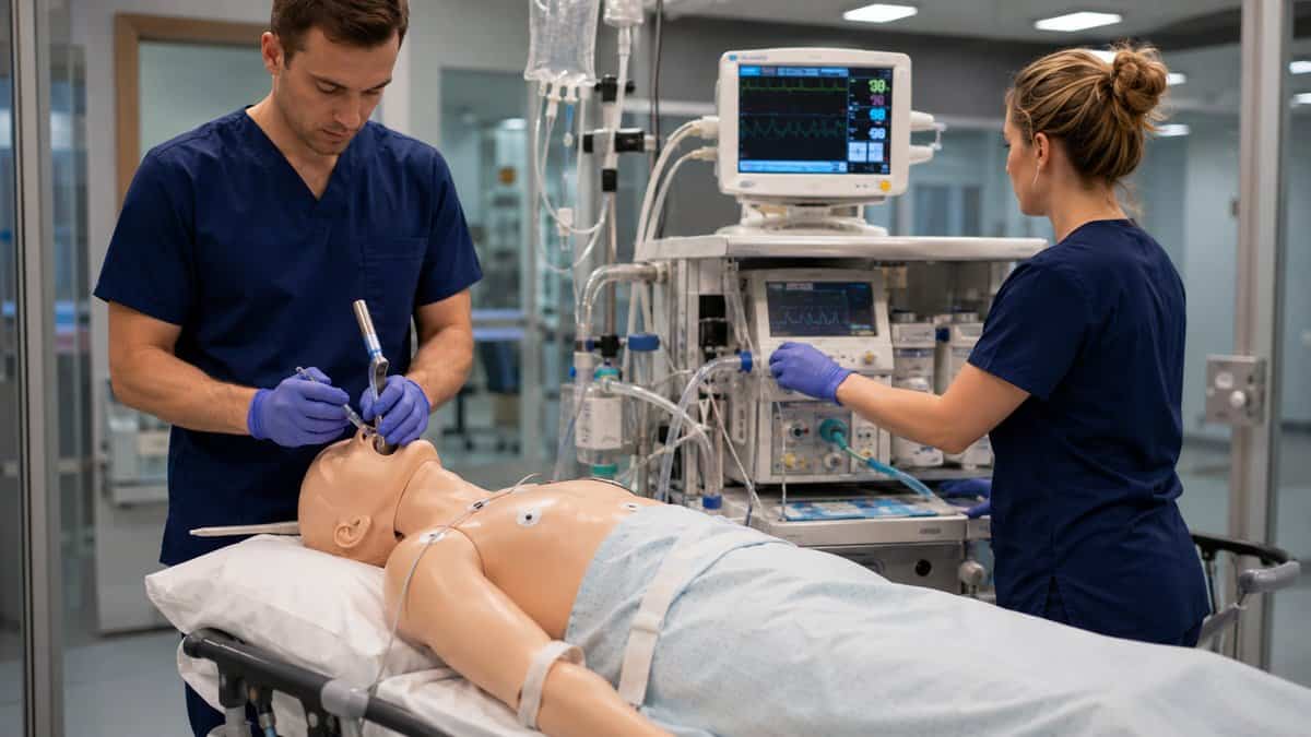 Nurse anesthesia students practicing airway management on a patient simulator in a modern simulation lab