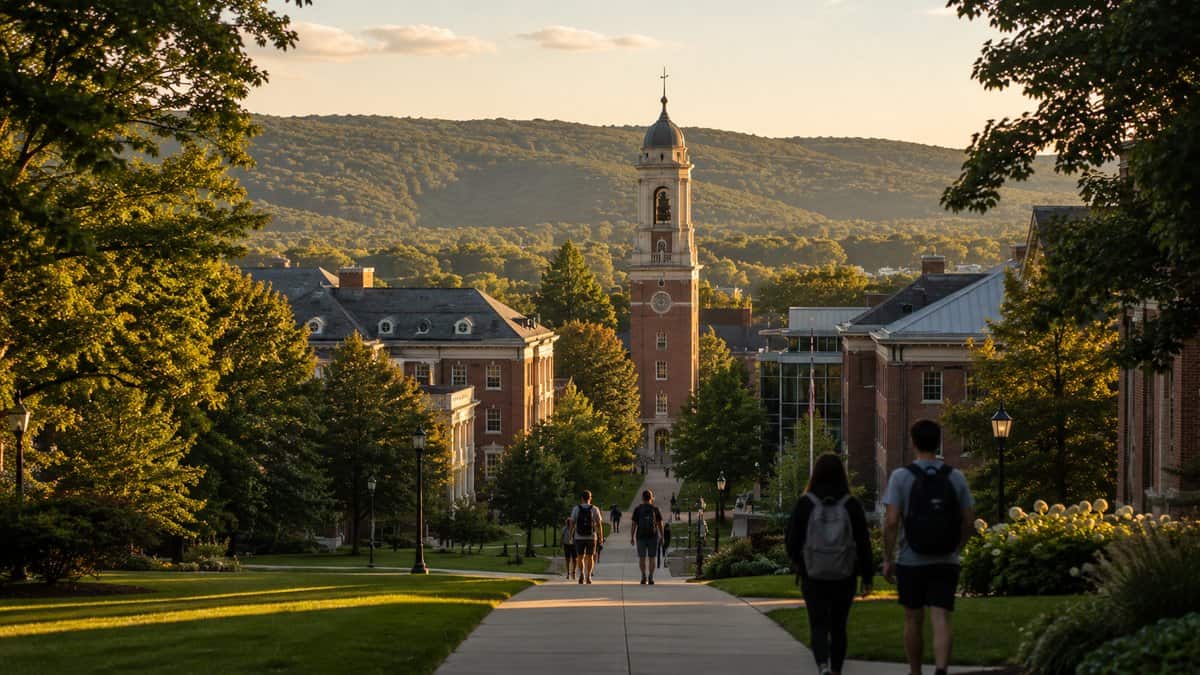 University campus with bell tower and tree-lined walkway in Pennsylvania's Lehigh Valley at golden hour