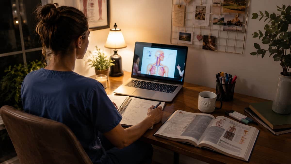 Nurse in scrubs studying an online anatomy lecture at a home desk in the evening
