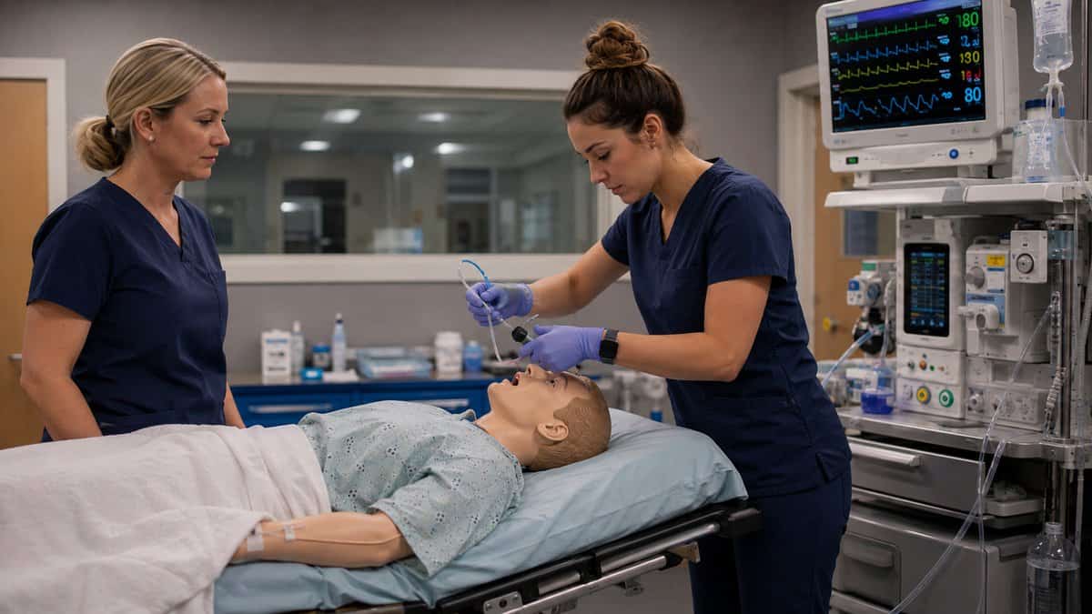 Nurse anesthesia student at the head of the bed intubating a simulation manikin while an instructor observes