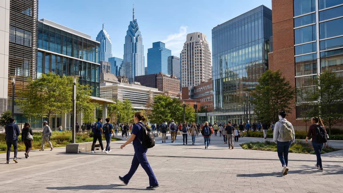 Modern urban university campus plaza in Philadelphia with the city skyline and a nursing student in scrubs