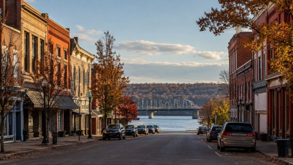 Small-town main street with brick storefronts and a river bridge in central Pennsylvania in autumn, representing life in Danville and Bloomsburg for Geisinger/Commonwealth CRNA students