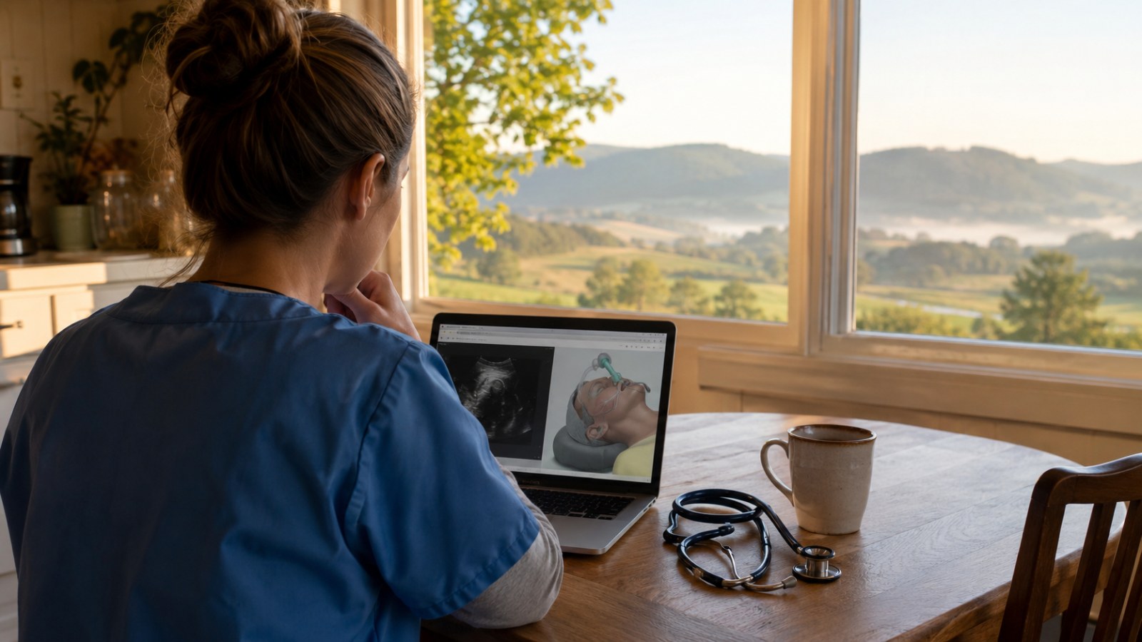 Nurse studying nurse anesthesia coursework on a laptop at home with rural Pennsylvania hills outside, representing the online first year of the Geisinger/Commonwealth University CRNA program