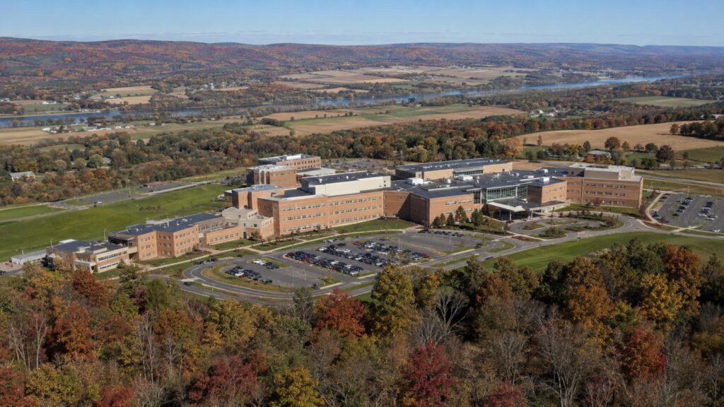 Large hospital campus on a hillside in central Pennsylvania in autumn, representing the Danville setting of the Geisinger/Commonwealth University CRNA program