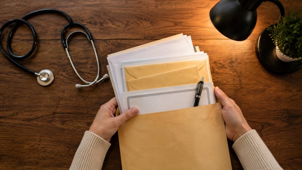 Application documents and sealed transcripts being placed into a single envelope, representing the one-packet application rule for the Independence Health System School of Anesthesia at Saint Vincent College