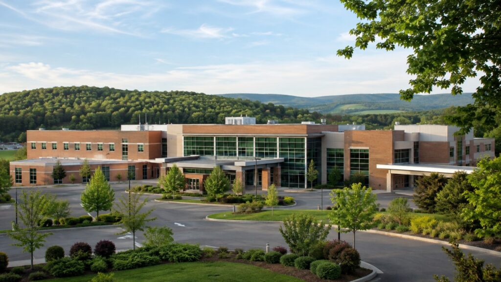 Community hospital surrounded by trees and green hills in a small western Pennsylvania town, representing the Latrobe Hospital base of the Independence Health System School of Anesthesia