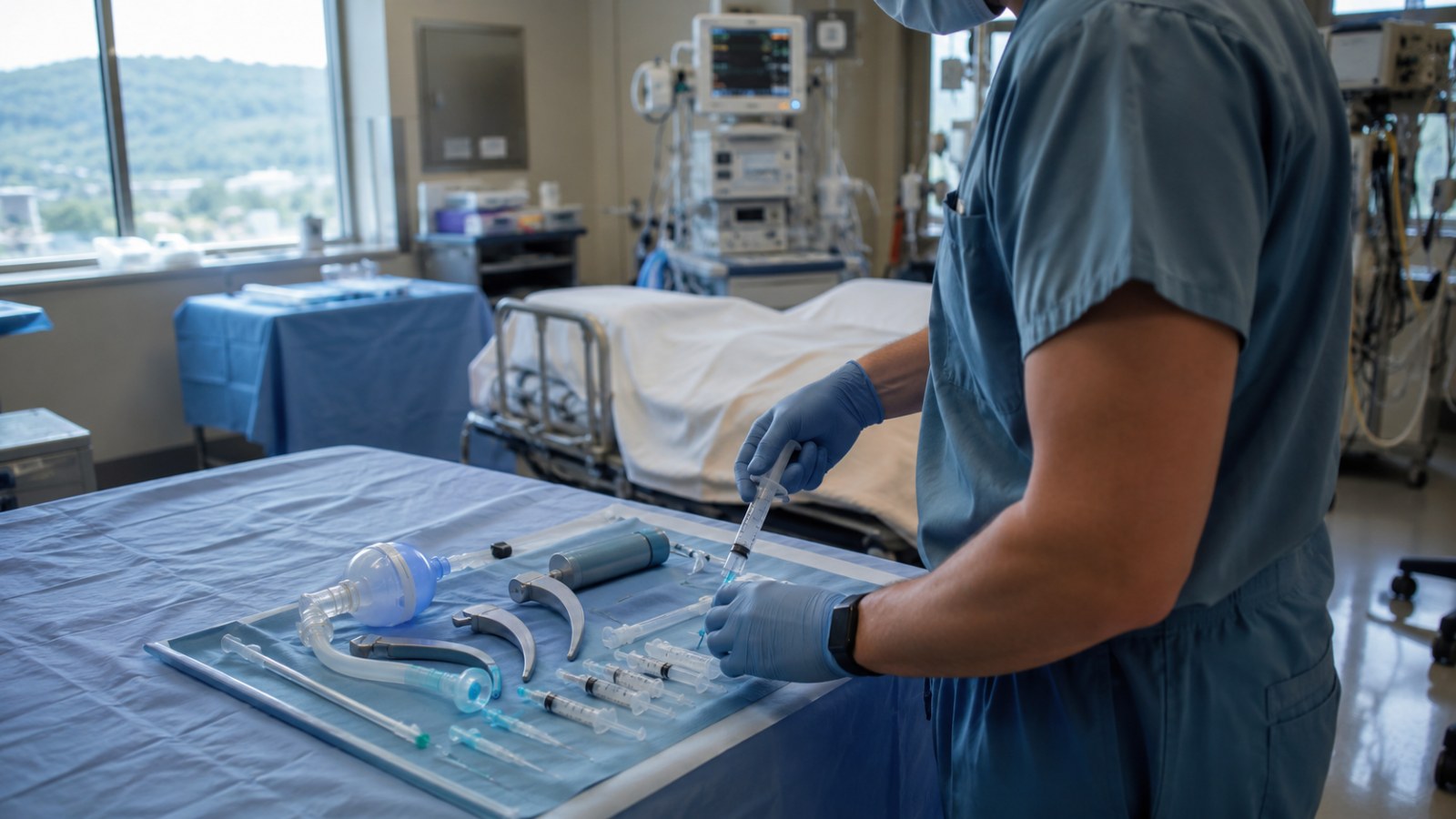Nurse anesthetist preparing an induction in a community hospital operating room, representing the Independence Health System School of Anesthesia at Saint Vincent College in Latrobe