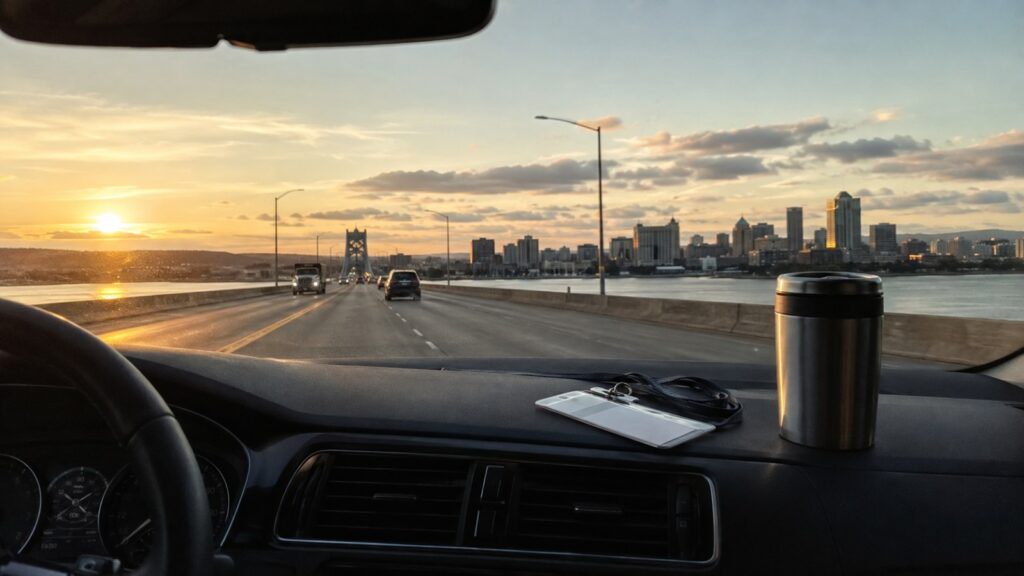 Driver crossing a river bridge toward a city at dawn with a hospital badge on the dashboard, representing clinical site travel across Pennsylvania, New Jersey, and Delaware for Jefferson CRNA students