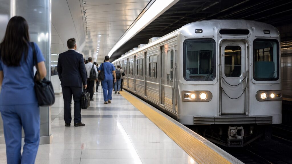 Commuter train arriving at an underground station with nurses in scrubs on the platform, representing the SEPTA commute to the Thomas Jefferson University CRNA program in Center City Philadelphia